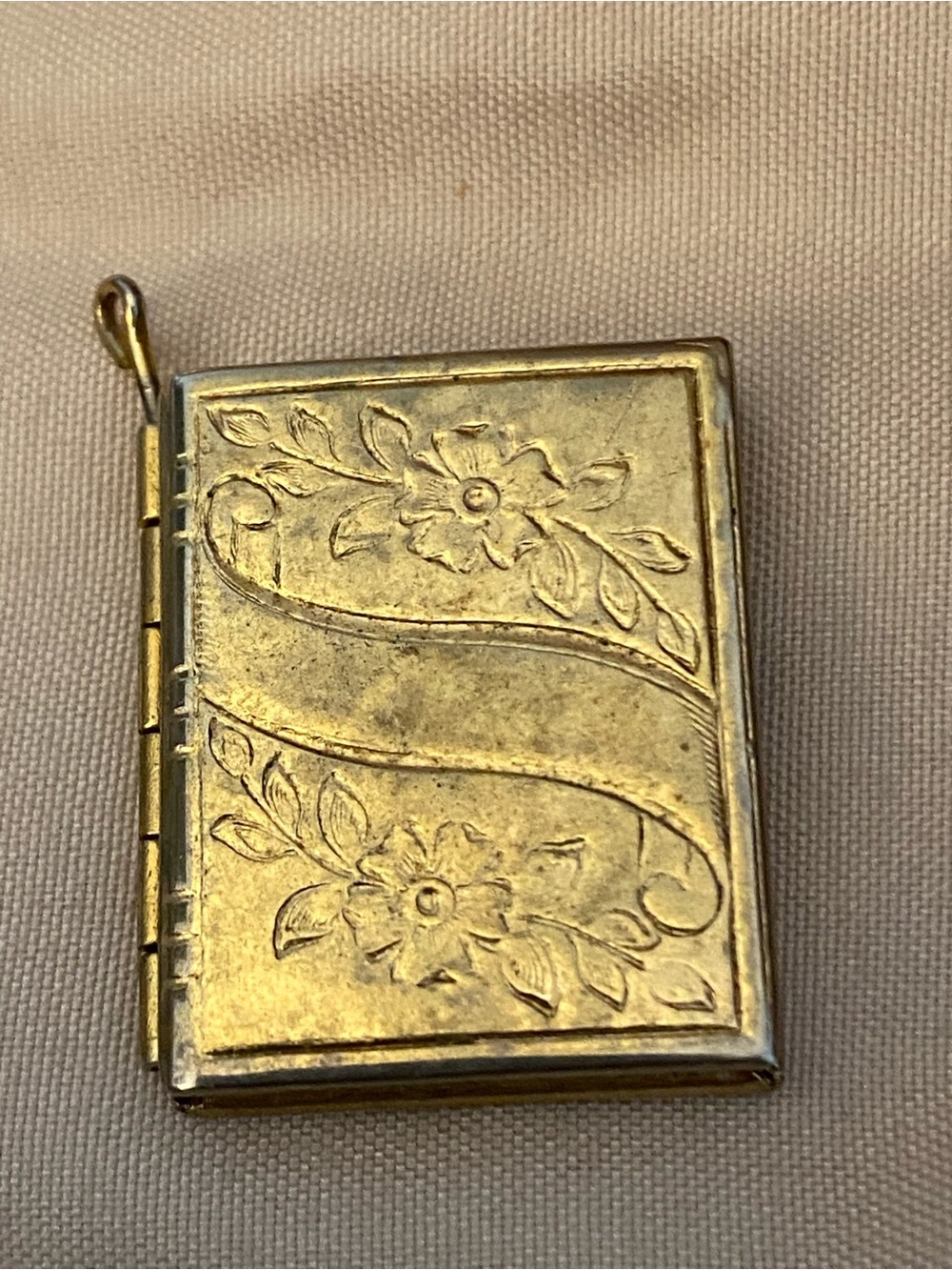 Vintage Gold Tone Book Locket Pendant Floral Engraved Photo Album Keepsake Charm
